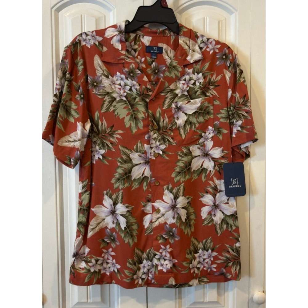 George Men's S Floral Hawaiian Camp Shirt Coral Viscose Short Sleeve NWT